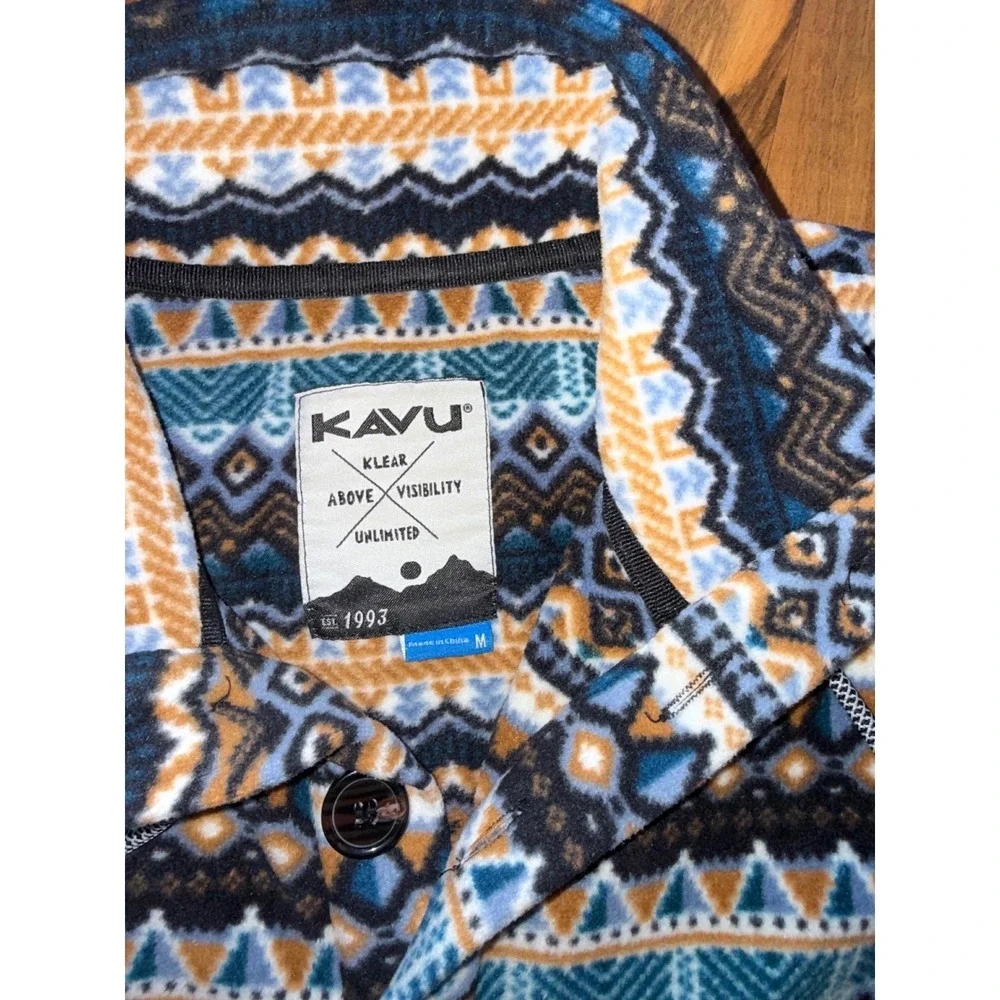 Kavu Fleece Pullover Women Medium Blue Orange‎ Geometric Aztec Button Up